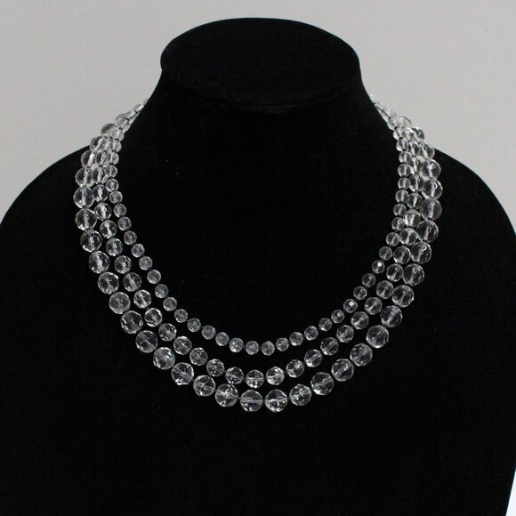 Older Express 3 Strand or Multi Layer Clear Facet Bead Lobster Clasp Necklace - Picture 1 of 9